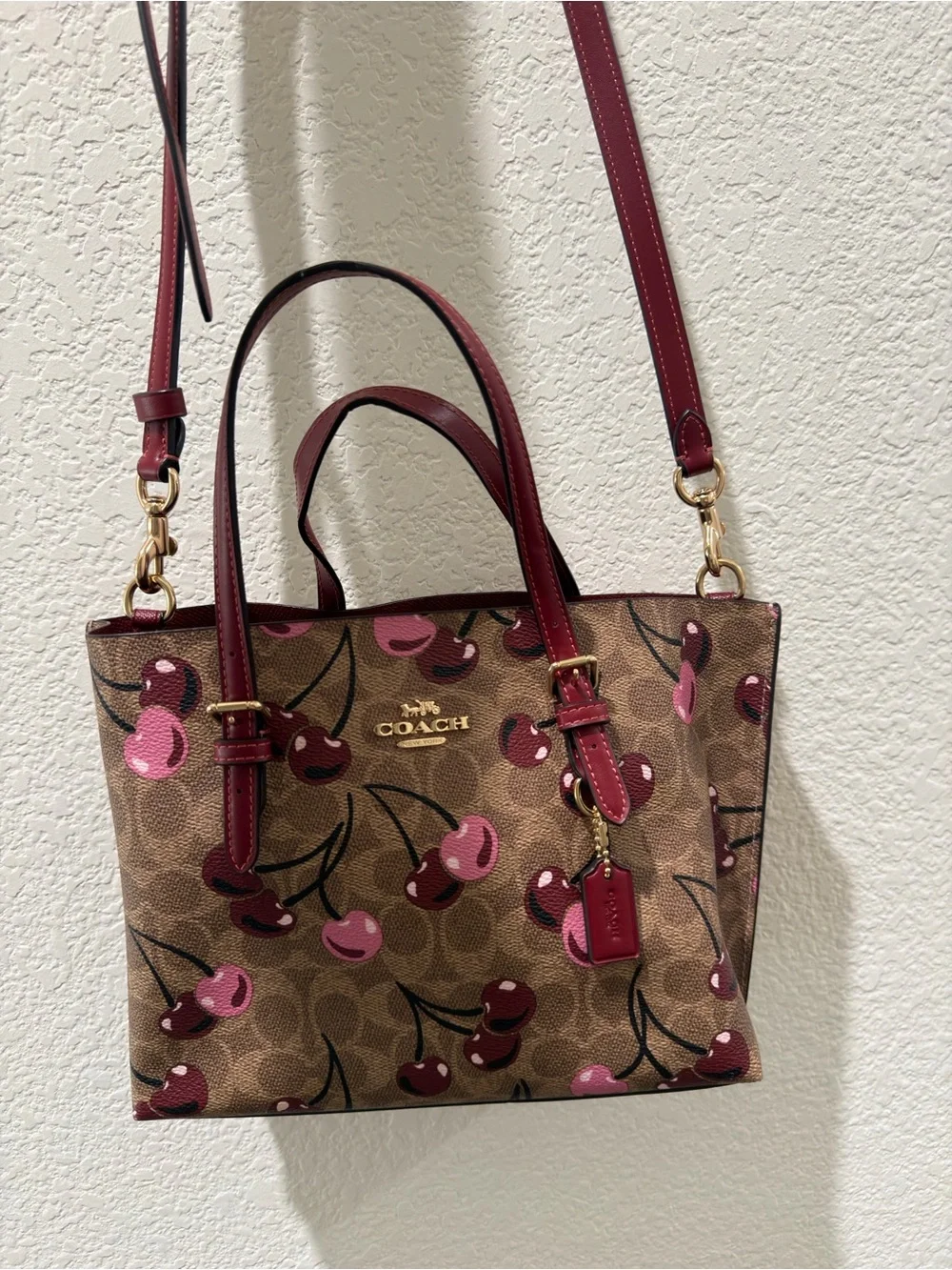 Coach Brown Tote with Pink & Burgundy Cherry Print